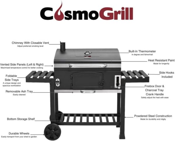 CosmoGrill Outdoor XXL Smoker Barbecue Charcoal Portable BBQ with Lid Cover, Adjustable Grill and Built-in Temperature Gauge, for Home Garden Party Cooking - Image 8