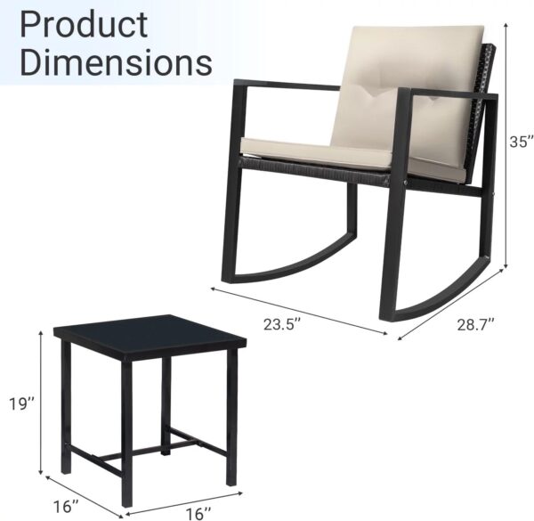 Greenfields 3 Piece Outdoor Rocking Bistro Set with Tempered Glass - Cushioned Chairs, Conversation Coffee Furniture Table Set for Outdoor, Balcony, Patio, Garden, Backyard and Poolside - Image 8