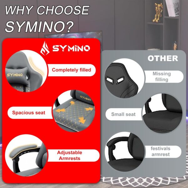 Symino Gaming Chair with Footrest, Computer Ergonomic Video Game Chair, Adjustable Swivel Task Chair with Lumbar Support, PC Chair, Office Chair PU Leather, Gray - Image 8