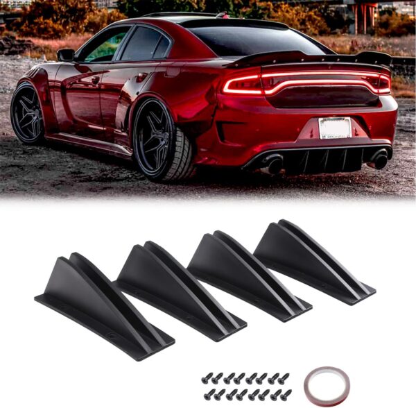 GEARZAAR 4-Pack Car Rear Bumper Spoiler, Universal Curved Shape Rear bumper Diffuser Lip Spoiler Shark Fin Double Wings Trim Covers Decoration Set Lip Splitter, Auto Accessory, Matte Black - Image 2