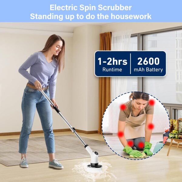 SWAREY Electric Spin Scrubber, Cordless Electric Cleaning Brush with 2 Speeds, Adjustable Extension Handle, 8 Replaceable Brush Heads, IPX7 Waterproof Scrubbing Brush for Kitchen, Bathroom, Car - Image 3