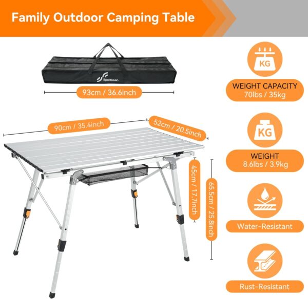 Sportneer Folding Table Camping Table Outdoor Portable Picnic Table with Adjustable Height Mesh Layer Folding Camping table with Aluminum Roll Up Table Top for Camp Kitchen Garden Sewing Work Beach - Image 5