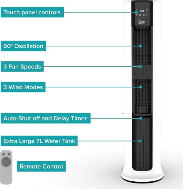 Midea SmartAir Fast Chill Tower with 7L Water Tank - Evaporative Cooling Fan - 2in1 Fan & Air Cooler - 4 Speeds & 60 Degree Oscillation - Creates a Cool Refreshing Breeze - Ideal for Hot Summer Days - Image 8