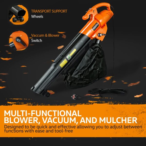 SuperHandy Leaf Blower, Vacuum and Mulcher 3 in 1 Electric 230V 3000W Corded Debris Duster 270KM/H (MAX) 10:1 Reduction Ratio 2 Stage 2 Variable Speed Lightweight Lawn and Garden Landscaping - Image 4