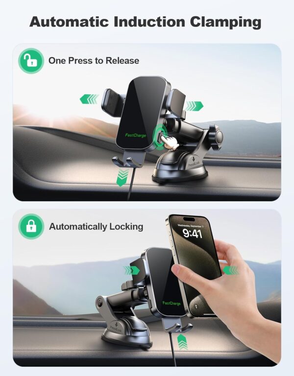 Glangeh Car Phone Holder Wireless Charger, Auto Clamping Wireless Car Charger, 15W Fast Wireless Charging Car Mount for Dash Windshield for iPhone 16 15 14 13 12 11 Pro Max, Galaxy S24+ and more - Image 3