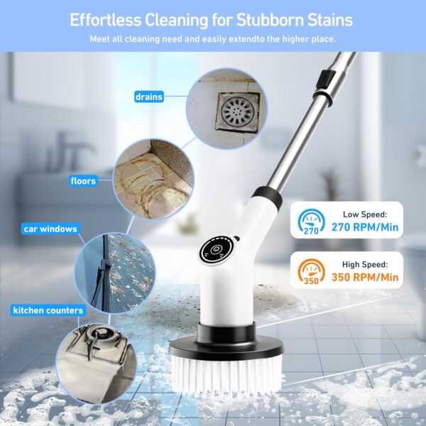 SWAREY Electric Spin Scrubber, Cordless Electric Cleaning Brush with 2 Speeds, Adjustable Extension Handle, 8 Replaceable Brush Heads, IPX7 Waterproof Scrubbing Brush for Kitchen, Bathroom, Car - Image 5