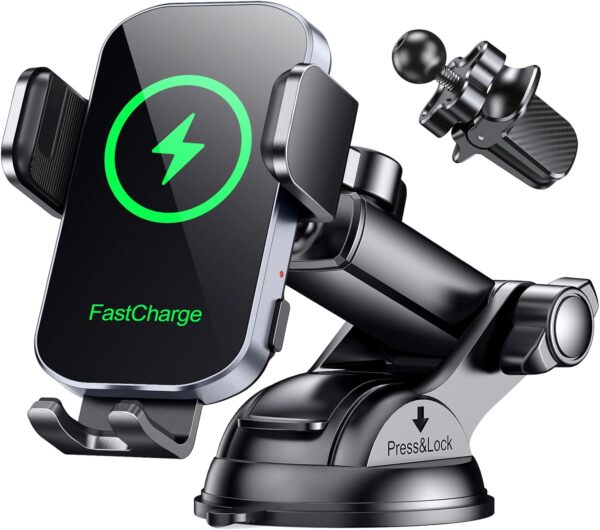 Glangeh Car Phone Holder Wireless Charger, Auto Clamping Wireless Car Charger, 15W Fast Wireless Charging Car Mount for Dash Windshield for iPhone 16 15 14 13 12 11 Pro Max, Galaxy S24+ and more - Image 2