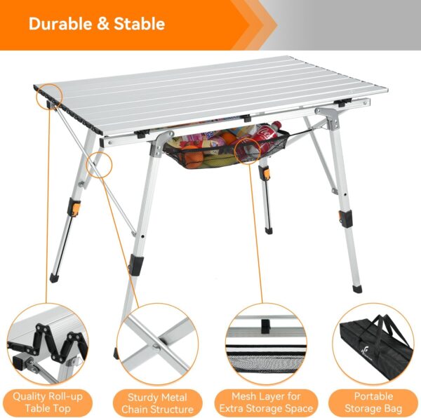 Sportneer Folding Table Camping Table Outdoor Portable Picnic Table with Adjustable Height Mesh Layer Folding Camping table with Aluminum Roll Up Table Top for Camp Kitchen Garden Sewing Work Beach - Image 6