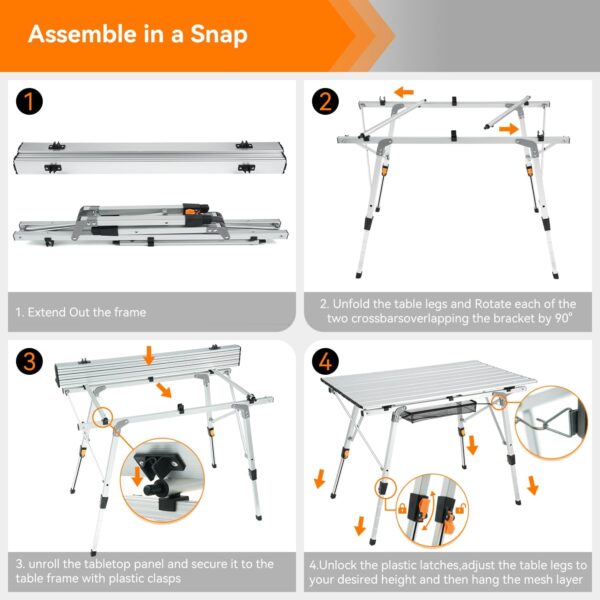 Sportneer Folding Table Camping Table Outdoor Portable Picnic Table with Adjustable Height Mesh Layer Folding Camping table with Aluminum Roll Up Table Top for Camp Kitchen Garden Sewing Work Beach - Image 7