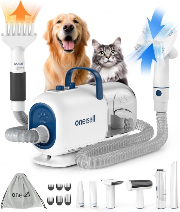 oneisall Dog Grooming Vacuum Blow Dryer and Clippers,Dog Grooming Kit for Shedding Drying Trimming Pet's Hair, 8 Pet Grooming Tools for Thick Short Long Pet Hair,7 Levels of Blow Temperature - Image 2