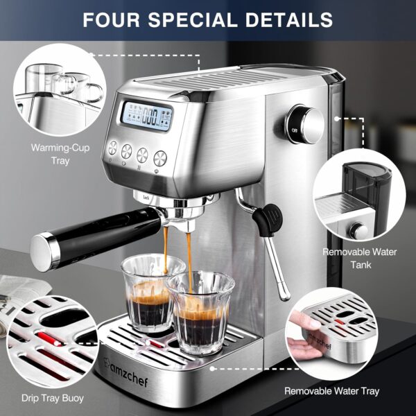 AMZCHEF 20 Bar Espresso Coffee Machines with LCD Panel and Steam Milk Frother, Compact Cappuccino and Latte Machine, All In One Coffee Machine for Home Use with 1.3L Removable Water Tank, 2 Filters - Image 7