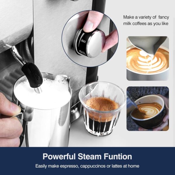 AMZCHEF 20 Bar Espresso Coffee Machines with LCD Panel and Steam Milk Frother, Compact Cappuccino and Latte Machine, All In One Coffee Machine for Home Use with 1.3L Removable Water Tank, 2 Filters - Image 5