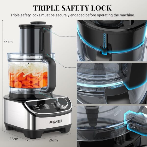 FIMEI Multifunctional Food Processor, 1300W, 3 Speeds and Pulse Function, 3.5L Chopper, 1.5L Blender, Grinder, Citrus Juicer, Dough Hook, Whisk, Shredder, Reversible Slicer, Triple Lock Protection - Image 3