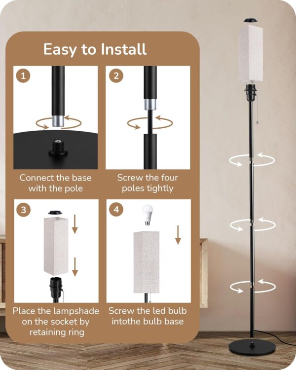 EDISHINE Floor Lamp, Standing Lamp with Square Linen Lampshade, Floor Lamps for Living Room, Bedroom, 165cm, E27 Socket(9W LED Dimmable Bulb Included), Magnetic Remote Control, Black - Image 9