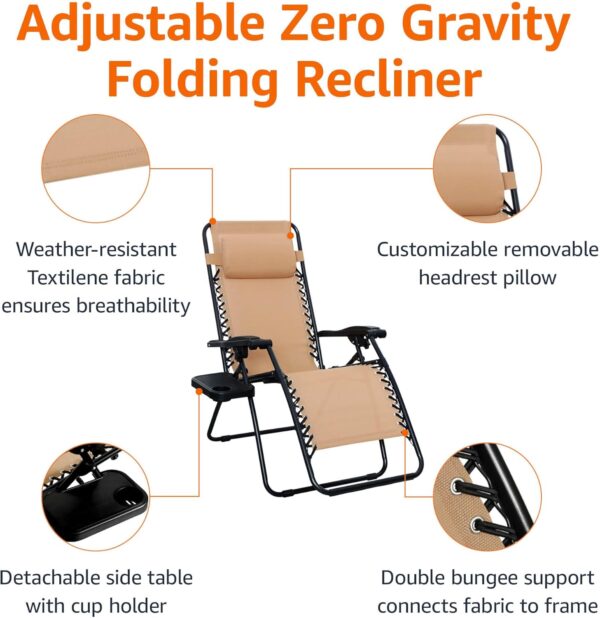 Amazon Basics Zero Gravity Relaxing Chair, Lightweight, 112 D x 65 W x 154 H cm, Beige - Image 6