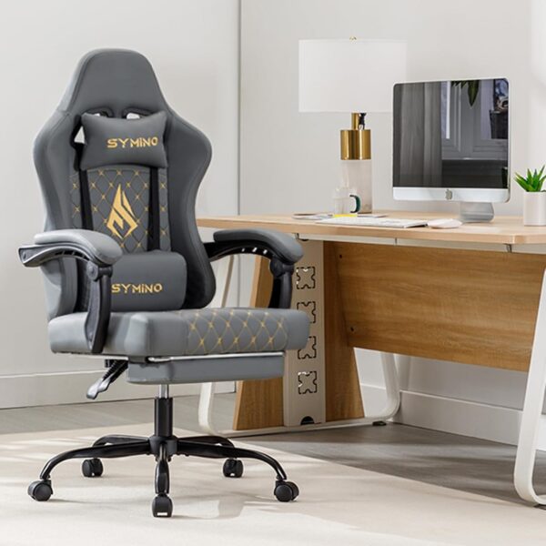 Symino Gaming Chair with Footrest, Computer Ergonomic Video Game Chair, Adjustable Swivel Task Chair with Lumbar Support, PC Chair, Office Chair PU Leather, Gray - Image 3