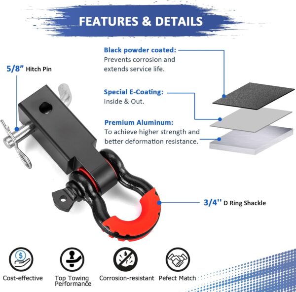 Wsays Universal 2" Shackle Hitch Receiver with 3/4" D-Ring Shackle, 7/8" Locking Pin Compatible with 2 inch hitch receivers for UTV ATV SUV Truck - Image 4