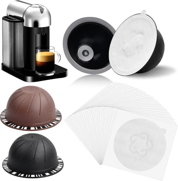 suchkawe 2Pcs Refillable Coffee Capsule Vertuo Pods, 230&150ml Reusable Refill Vertuoline Pod Coffee Capsule Filter Cup with Disposable Aluminum Foil Sticker Coffee Pod Seals Lids for Nespresso Vertuo - Image 2