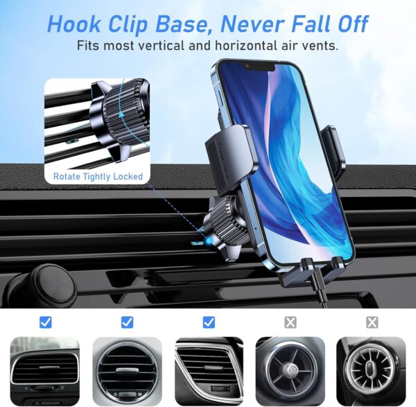 Blukar Car Phone Holder, Air Vent Car Phone Mount Cradle for Car 360° Rotation [Upgraded Ultra Stable Hook Clip] - One Button Release Function for iPhone, Galaxy All 4.0''-7.0'' Phones​ - Image 7