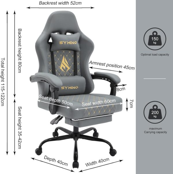 Symino Gaming Chair with Footrest, Computer Ergonomic Video Game Chair, Adjustable Swivel Task Chair with Lumbar Support, PC Chair, Office Chair PU Leather, Gray - Image 4