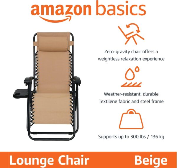 Amazon Basics Zero Gravity Relaxing Chair, Lightweight, 112 D x 65 W x 154 H cm, Beige - Image 5