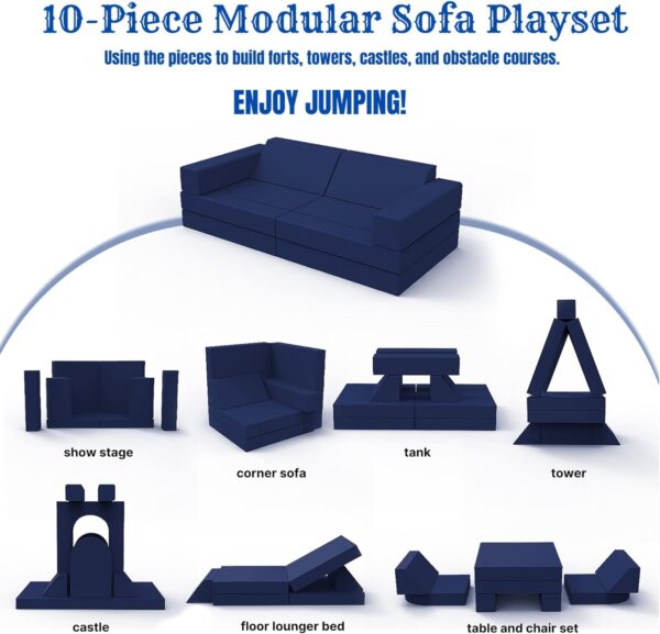 MeMoreCool 10-Pieces Kids Play Sofa, Modular Toddler Couch for Playroom, Fold Out Foam Couch for Girls Boys, Kids Convertible Sectional Couch Playset, Navy - Image 5