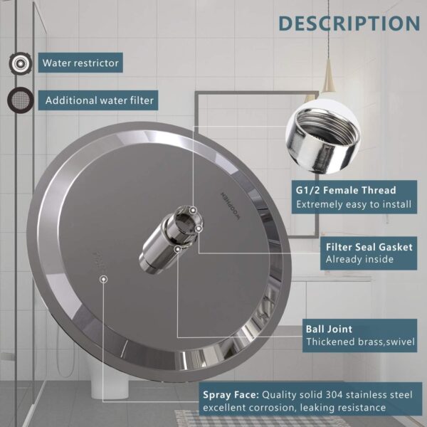 Rain Shower Head High Pressure,WOOPHEN 8 Inch 304 Stainless Steel Rainfall Showerhead, Mirror-Like Look,Swivel Spray Angle, Voluptuous Shower Experience, Easy Installation, Chrome Finish - Image 3