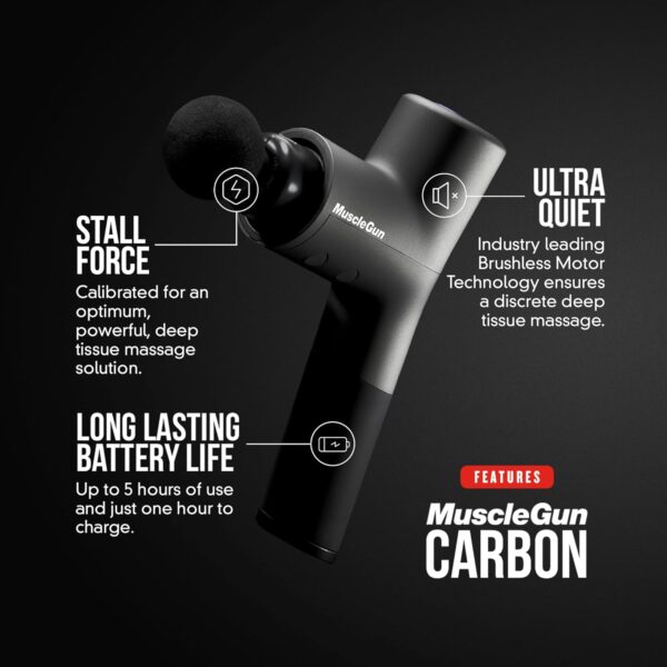 MuscleGun Carbon Massage Gun | Professional Deep Tissue Massager | 4 Powerful Massage Heads, Rechargeable 300 Minute Battery, Variable Speed Control | Travel Case Included - Image 3