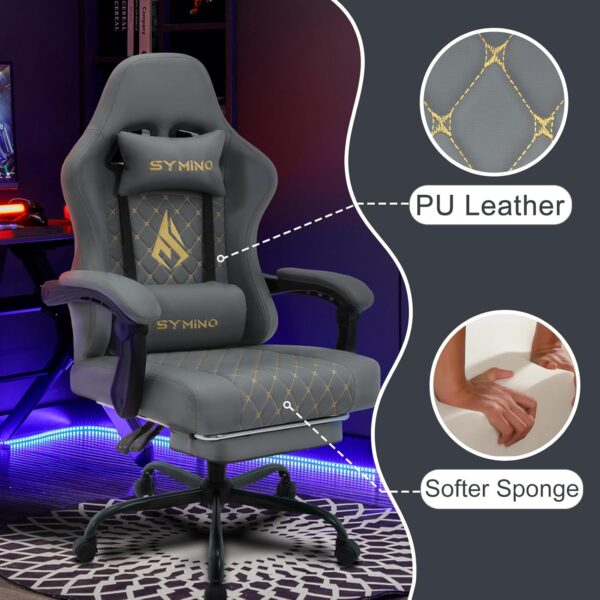 Symino Gaming Chair with Footrest, Computer Ergonomic Video Game Chair, Adjustable Swivel Task Chair with Lumbar Support, PC Chair, Office Chair PU Leather, Gray - Image 5