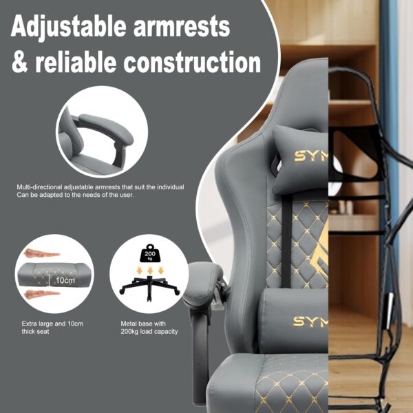 Symino Gaming Chair with Footrest, Computer Ergonomic Video Game Chair, Adjustable Swivel Task Chair with Lumbar Support, PC Chair, Office Chair PU Leather, Gray - Image 6