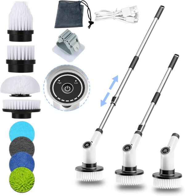 SWAREY Electric Spin Scrubber, Cordless Electric Cleaning Brush with 2 Speeds, Adjustable Extension Handle, 8 Replaceable Brush Heads, IPX7 Waterproof Scrubbing Brush for Kitchen, Bathroom, Car - Image 2