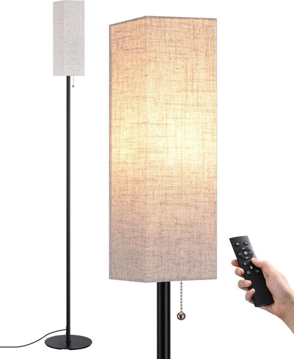 EDISHINE Floor Lamp, Standing Lamp with Square Linen Lampshade, Floor Lamps for Living Room, Bedroom, 165cm, E27 Socket(9W LED Dimmable Bulb Included), Magnetic Remote Control, Black - Image 2