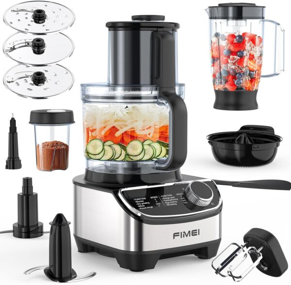 FIMEI Multifunctional Food Processor, 1300W, 3 Speeds and Pulse Function, 3.5L Chopper, 1.5L Blender, Grinder, Citrus Juicer, Dough Hook, Whisk, Shredder, Reversible Slicer, Triple Lock Protection - Image 2