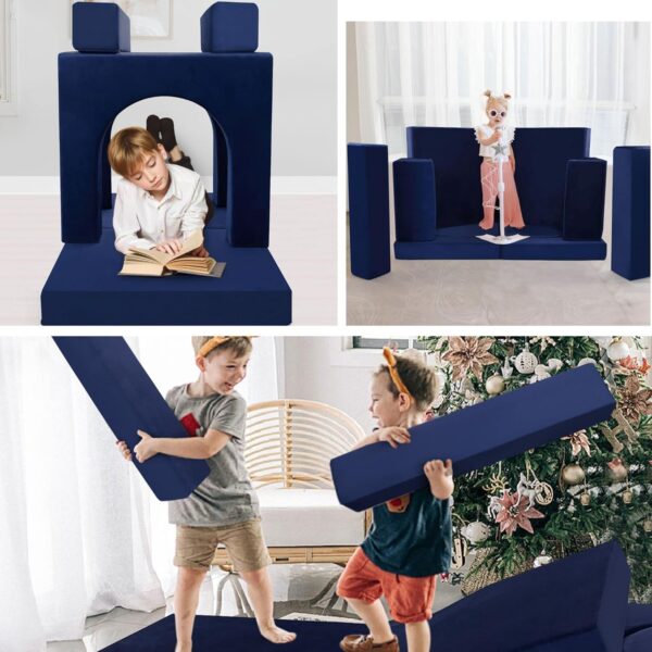 MeMoreCool 10-Pieces Kids Play Sofa, Modular Toddler Couch for Playroom, Fold Out Foam Couch for Girls Boys, Kids Convertible Sectional Couch Playset, Navy - Image 6