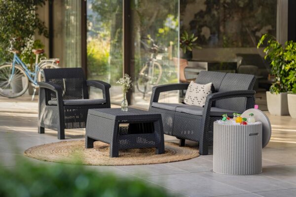 Keter GF06784 Corfu Outdoor 4 Seater Rattan Sofa Furniture Set with Accent Table - Graphite with Cream/Mushroom Cushions - Image 3