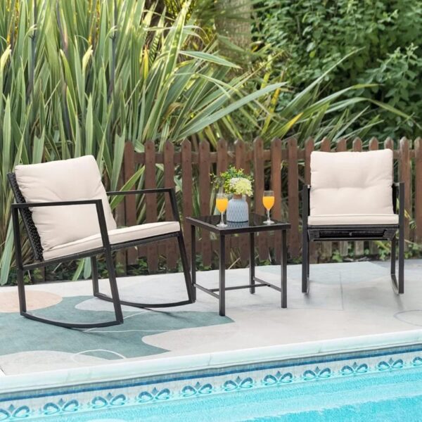 Greenfields 3 Piece Outdoor Rocking Bistro Set with Tempered Glass - Cushioned Chairs, Conversation Coffee Furniture Table Set for Outdoor, Balcony, Patio, Garden, Backyard and Poolside - Image 3