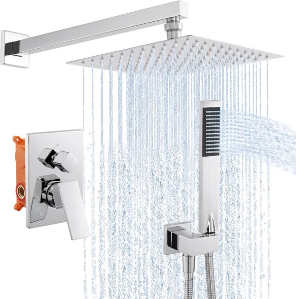 KES Shower Head and Hose with Shower Mixer Set, 10-Inch Rainfall Shower Head Square and Handheld Shower Kit Set 3-Function Polished Chrome, X6230-CH - Image 2