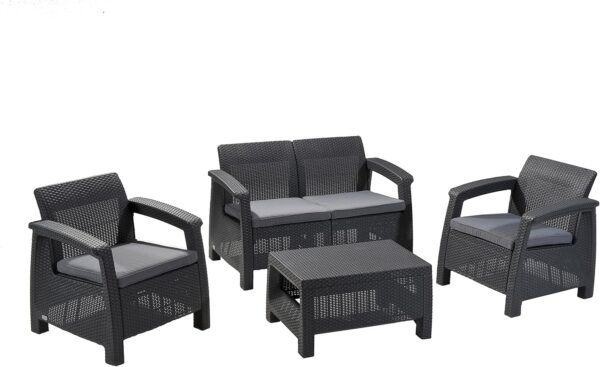 Keter GF06784 Corfu Outdoor 4 Seater Rattan Sofa Furniture Set with Accent Table - Graphite with Cream/Mushroom Cushions - Image 2