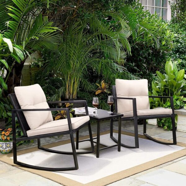 Greenfields 3 Piece Outdoor Rocking Bistro Set with Tempered Glass - Cushioned Chairs, Conversation Coffee Furniture Table Set for Outdoor, Balcony, Patio, Garden, Backyard and Poolside - Image 5