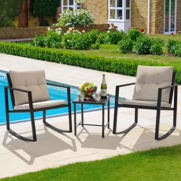 Greenfields 3 Piece Outdoor Rocking Bistro Set with Tempered Glass - Cushioned Chairs, Conversation Coffee Furniture Table Set for Outdoor, Balcony, Patio, Garden, Backyard and Poolside - Image 4