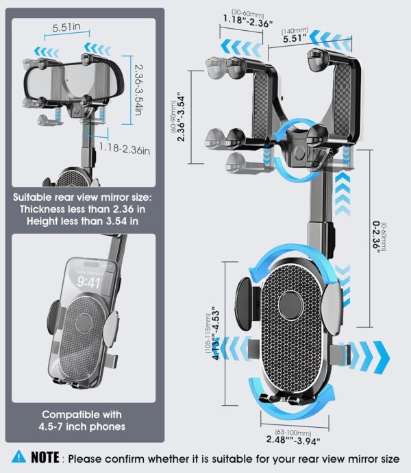 Seltureone Rear View Mirror Phone Holder, 360° Flexible Rotating Multifunctional Retractable Mobile Phone Holder, Rearview Mirror Accessories, Car with Universal Holder - Image 3