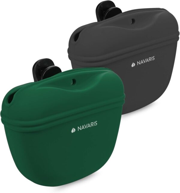Navaris Silicone Dog Treat Pouch - Training Pet Puppy Bag Pocket Snack Treat Food Holder with Clip for Belt for Dog Walks - Set of 2, Green, Grey - Image 2