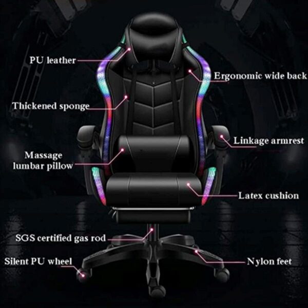 SCLHouiX Ergonomic Gaming Chair with Colored Lights, Racing-Style Gaming Chair with Built-In Bluetooth Speaker, Office Chair with Headrest And Waist Massage Function,White - Image 8