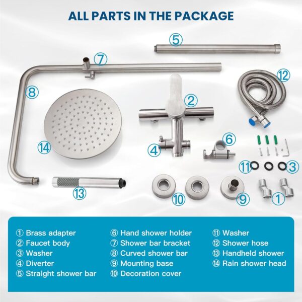 gotonovo Outdoor Shower Faucet SUS304 Shower Fixture System Combo Set Rainfall Shower Head Single Handle High Pressure Hand Spray Wall Mount 2 Function Brushed Nickel 8 inch Rainfall Shower Head Kit - Image 10