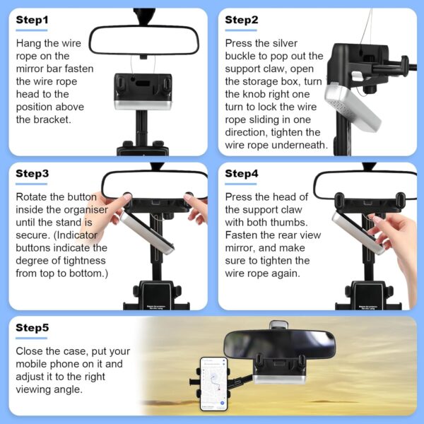 Rear View Mirror Phone Holder,Phone Mount for Car 360°Rotatable and Retractable, Upgraded Multifunctional Adjustable Phone and GPS Holder for All Phones and Car Rearview Mirror - Image 9