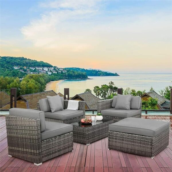ZSLBMD Rattan Garden Furniture Set 5 Set Patio Sofa Set Wicker Weave Outdoor Furniture Set with Glass Table Cushion Pillows - Image 2
