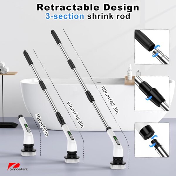 Pancellent Electric Spin Scrubber, Upgrade 7 in 1 Electric Cleaning Brush,420RPM Powerful Cleaning, 1.5H Bathroom Scrubber Dual Speed with Extension Arm for Kitchen, Car, Tile, Wall, Floor, Shower - Image 4