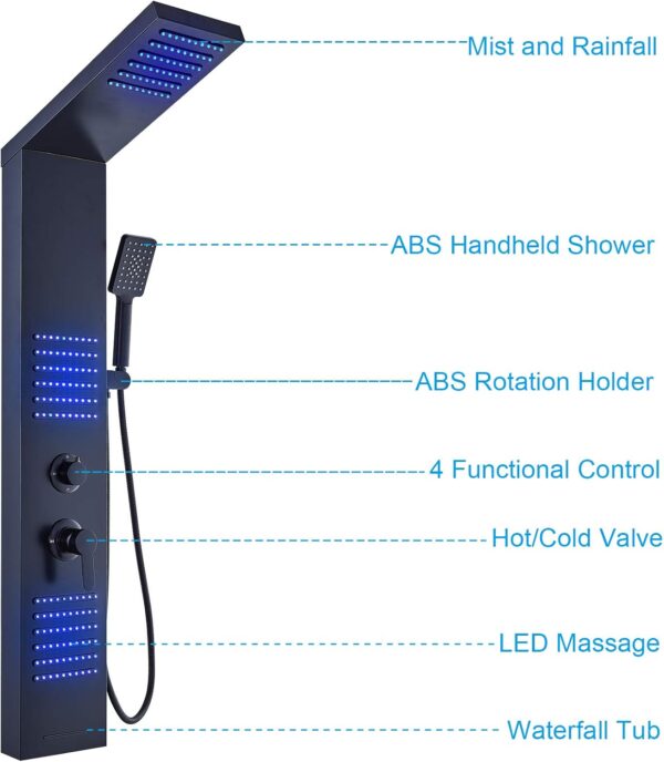 ELLO&ALLO LED Stainless Steel Shower Panel Tower System, Rainfall Shower Head Rain Massage System with LED Body Jets - Image 6