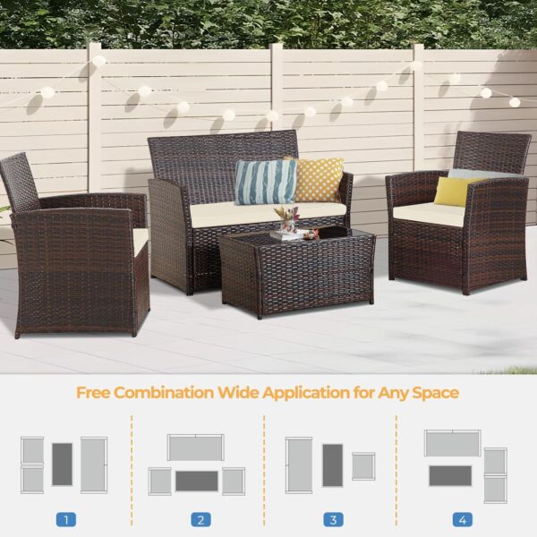 FHFO Outdoor Patio Furniture Set 4 Piece Wicker Conversation Set, Rattan Sectional Outdoor Set with Cushions Unique Table for Balcony Outdide Porch Backyard (Brown-Beige) - Image 7