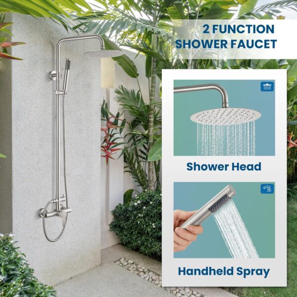 gotonovo Outdoor Shower Faucet SUS304 Shower Fixture System Combo Set Rainfall Shower Head Single Handle High Pressure Hand Spray Wall Mount 2 Function Brushed Nickel 8 inch Rainfall Shower Head Kit - Image 3